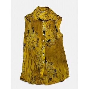 Fancy Lady Womens Sleeveless Blouse Yellow Black Abstract Button Front Collared